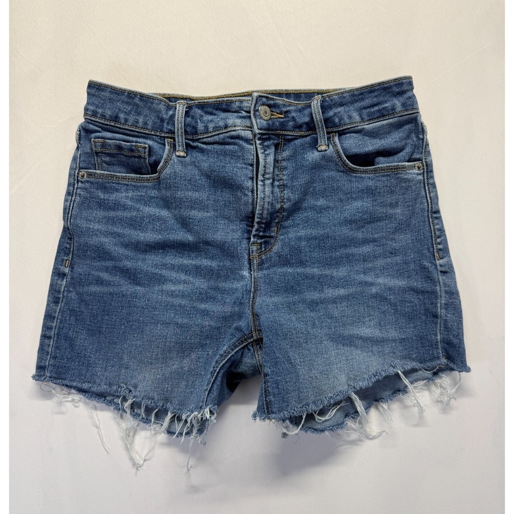 Old Navy Bermuda Shorts Womens 4 Blue Denim Cotton Stretch High Rise Frayed‎ Hem
